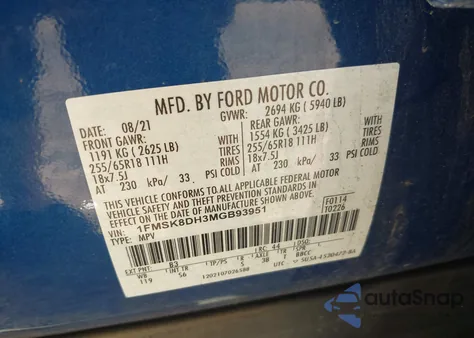 2021 Ford Explorer Xlt z USA, uszkodzony, nr VIN 1FMSK8DH3MGB93951